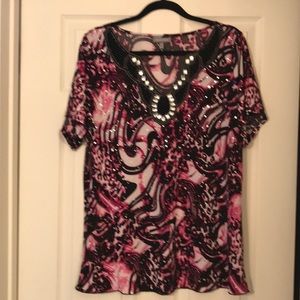 Essentials pink and black tunic Rhinestone V neck and Sequin bling super soft